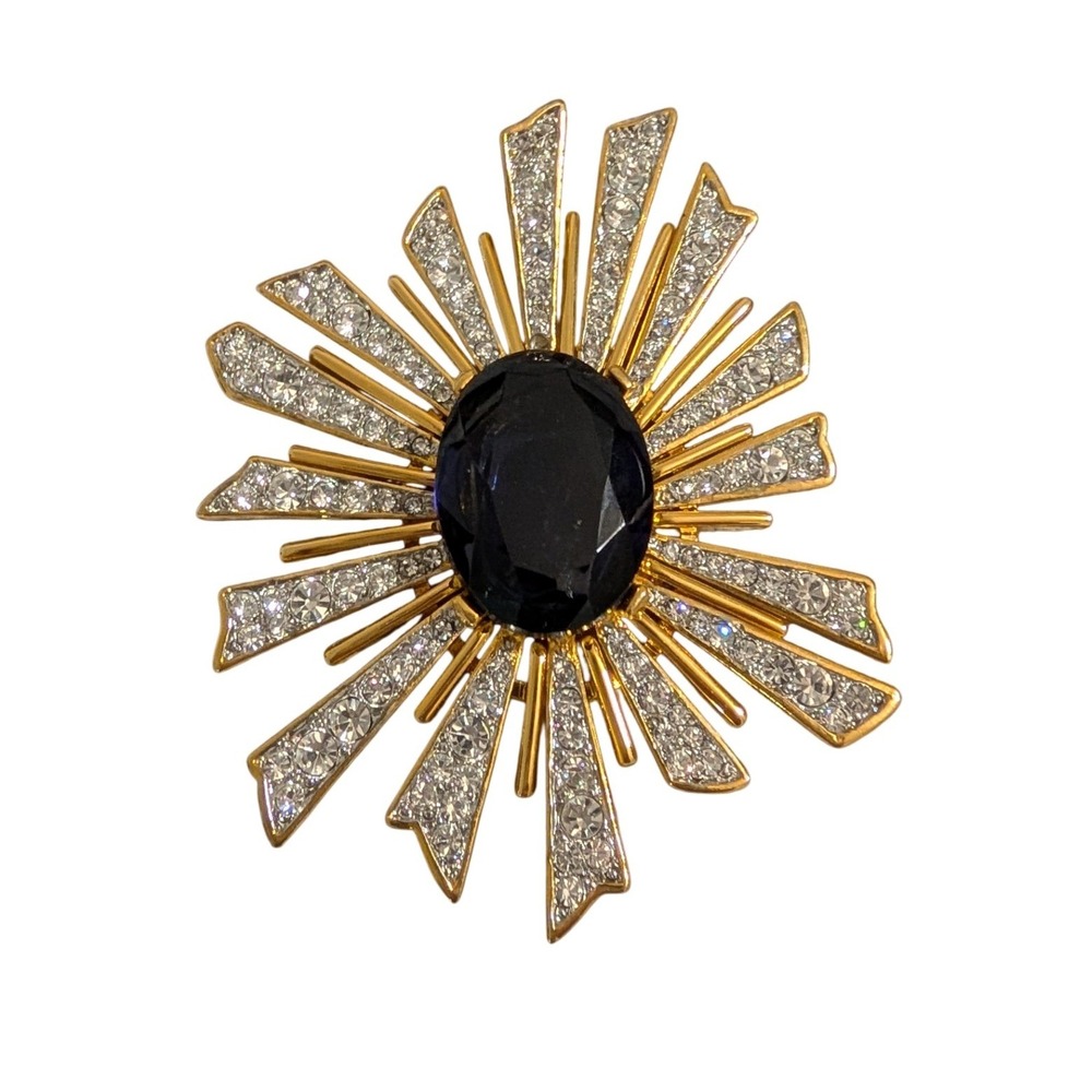 Kenneth Jay Lane art deco Sunburst Brooch Gold Tone Navy Blue Pin Brooche